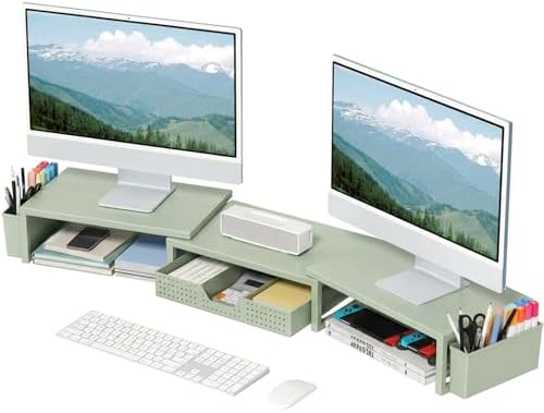 OPNICE Desk Organizers and Accessories, Dual Monitor Stand Riser with Drawer and 2 Pen Holders, Desk Shelf Computer Racks for Office Workspace Organizers, Desktop Organization (Sage Green)