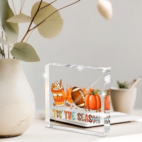 Fall Football Pumpkin Acrylic Sign 4x4in, Thanksgiving Home Office Decor