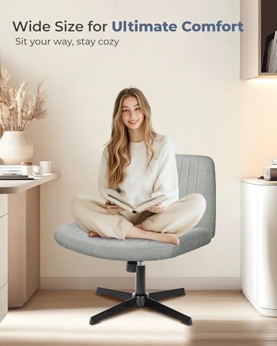 NEO Chair Criss Cross Chair No Wheels, Armless Cross Legged Office Desk Chair, Vanity Makeup Fabric Computer Comfy Adjustable Swivel Ergonomic Living Bedroom for Home Office (Fabric Grey)