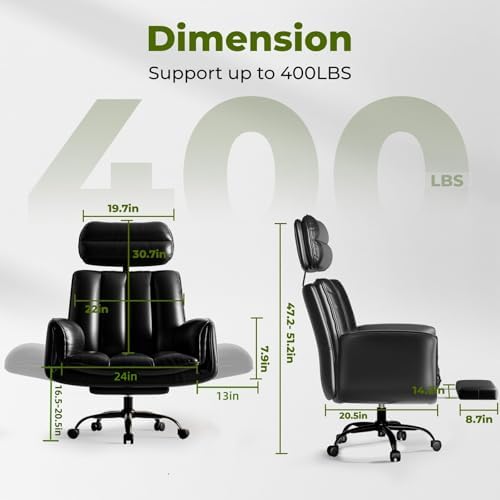 HOMRELEXA Criss Cross Office Chair with Armrests & Wheels, Comfy Big and Tall Chair, Ergonomic Executive Gaming Computer Chairs with Foot Rest, PU Leather Wide Seat Reclining Desk Chair, Black