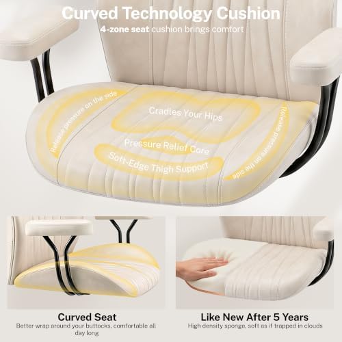 Leather Office Chair with Removable Armrests, Mid Back Ergonomic Desk Chair with Lumbar Support, Adjustable Height Rocking Swivel Executive Chair for Home Office, White