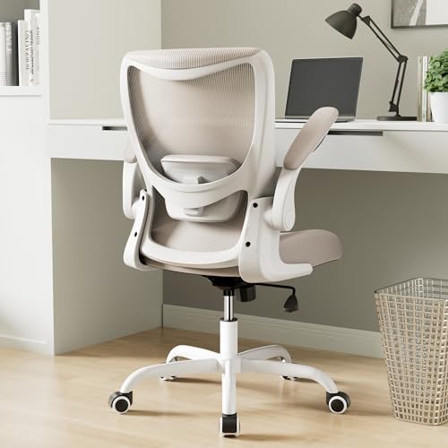 MUXX.STIL Office Chair, Ergonomic Desk Chair with Adjustable Lumbar Support and Flip up Armrest, Breathable Mesh Computer Chair for Home Office, Khaki