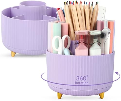 SKYDUE 2 Pack Pen Holder, 360 Degree Rotating Pencil Holder for Desk Organizer, Rotating Desktop Pen Organizer with 5 Slots, Office Supplies, Pencil Cup for Office, School, Home