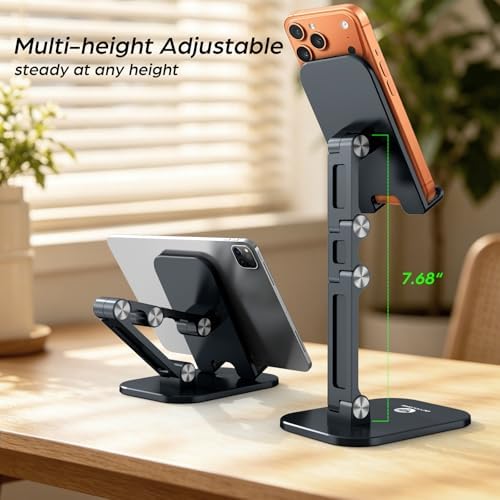 OCYCLONE Phone Stand, Foldable Cell Phone Stand Holder for Desk Office Accessories Adjustable Height and Angle iPhone Stand - Black