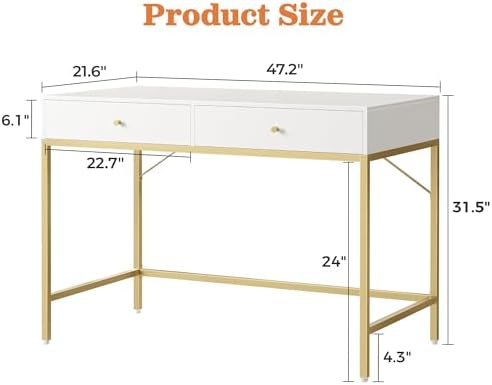 SUPERJARE White and Gold Vanity Desk with Drawers, 47 inch Computer Desk