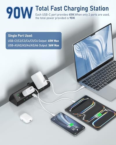 Jgstkcity 90W Desk Clamp Power Strip,12 USB Ports (6 PD 45W USB-C),Surge Protector,ETL Listed Power Hub Extension Cord,Fast Charging Station for Home Office Desk Edge Mount (Black,12 USB-90W)