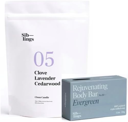 Siblings Essentials, Candle Refill Kit, DIY Candle Kit | No 05: Clove, Lavender, Cedarwood and Rejuvenating Body Bar Soap (Evergreen)