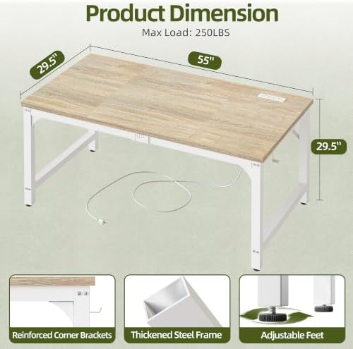 TIQLAB 55 x 30 Inch Extra-Deep Computer Desk with Power Outlets, Heavy-Duty Office Desk, Wide Gaming & Work Desk for Home Office, Maple