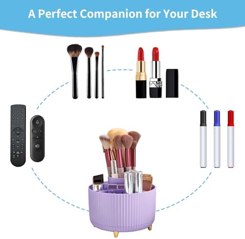 Marbrasse Desk Organizer, 360-Degree Rotating Pen Holder, Desk Organizers and Accessories with 5 Compartments Pencil Holder, Art Supply Storage Box Caddy for Office, Home（Purple）