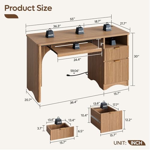 Bestier 55 Inch Computer Desk with Drawers, Power Outlet, Brown Oak