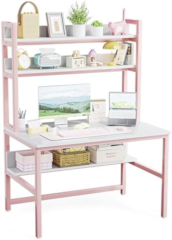 Aquzee Pink Desk with Shelves, Computer Desk with Hutch, 47 Inch