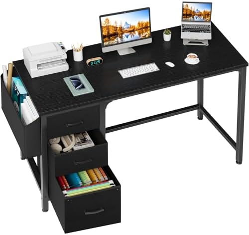 Lufeiya Computer Desk with Fabric File Drawers Cabinet, 55 Inch Reversible Home Office Desks with Filing Cabinet, Study Writing Table PC Desks with Storage for Bedroom, Black