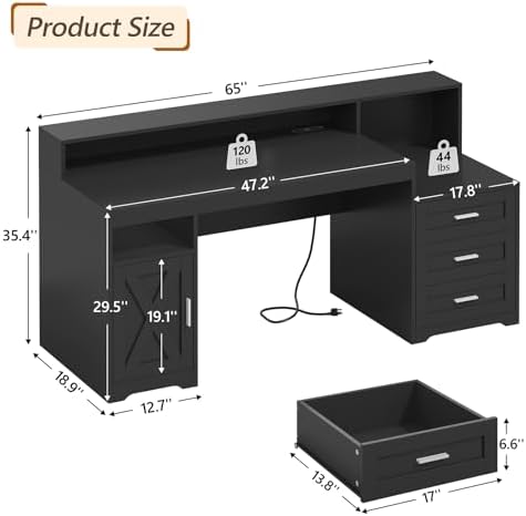 65" Farmhouse Computer Desk with Drawers and Printer Stand for Home Office