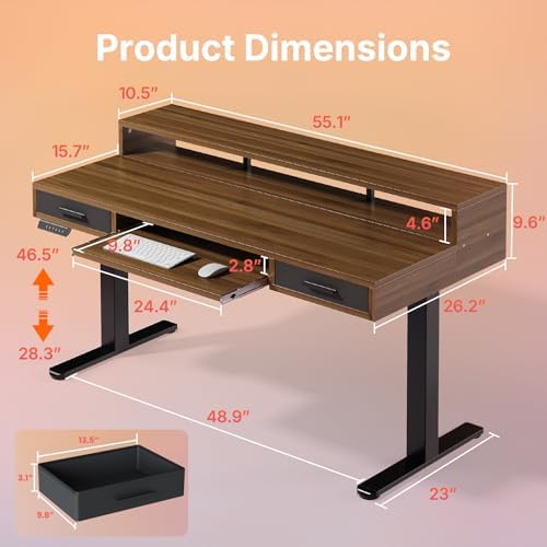 HUANUO 55″ x 26″ Electric Standing Desk with 2 Drawers &24.4″ Large Keyboard Tray, C-Clamp Mount Compatible, Adjustable Computer Desk for Office, Sit Stand Up Desk with 4 Height Presets, Deep Walnut