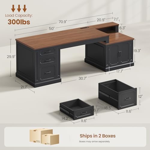 SEDETA Farmhouse 70.9" Executive Desk, Home Office Desk with File Drawers and Storage Cabinet, Computer Desk with Power Outlet for Home Office, Work Study Writing, Black+Brown