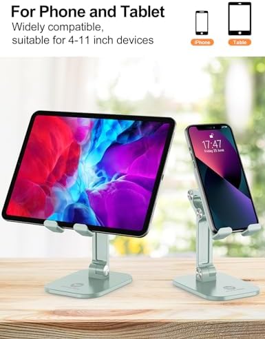 OCYCLONE Phone Stand, Adjustable Height and Angle Foldable Cell Phone Stand Holder for Desk, Taller iPhone Stand Compatible with 4.7"-13" Smartphones iPad Tablet, Light Green