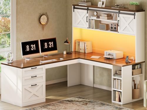 SEDETA 67" Farmhouse L Shaped Desk with Hutch, White+Brown