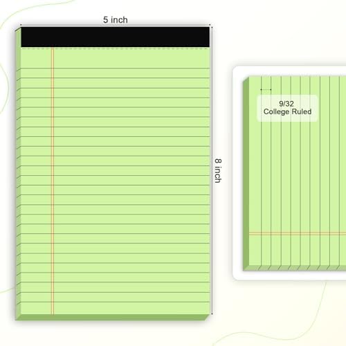 AILZFEI 6pcs Small Note Pad 5x8 College Ruled Green Legal Pads Paper Notepads 6 Pack Study Back Writing Pads 5 x 8 Legal Pads Perforated Narrow Ruled Pads of Paper Green