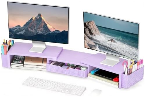 Spacrea Metal Desk Organizers and Accessories, Dual Monitor Stand Riser with Drawer and 2 Pen Holders, Desk Accessories & Workspace Desktop Organizers for Office Supplies (Purple)