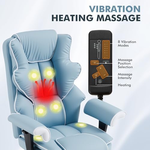 HOMREST 6-Point Massage Executive Chair,Heat Office Chair,Ergonomic Home Office Desk Chairs with Retractable Footrest and Reclining Function,Leather Computer Chair with Adjustable Armrest(‌Airy Blue)