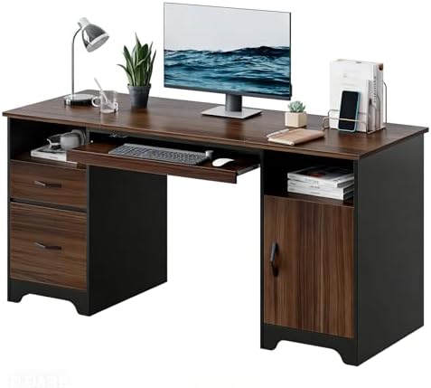 Bestier 59" Office Desk with File Drawer, Keyboard Tray & 2 Drawers, Cherry