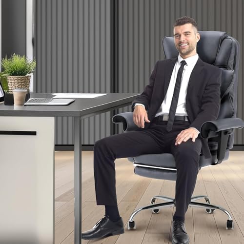 HOMREST 6-Point Massage Executive Chair,Heat Office Chair,Ergonomic Home Office Desk Chairs with Retractable Footrest and Reclining Function,Leather Computer Chair with Adjustable Armrest(‌Grey)
