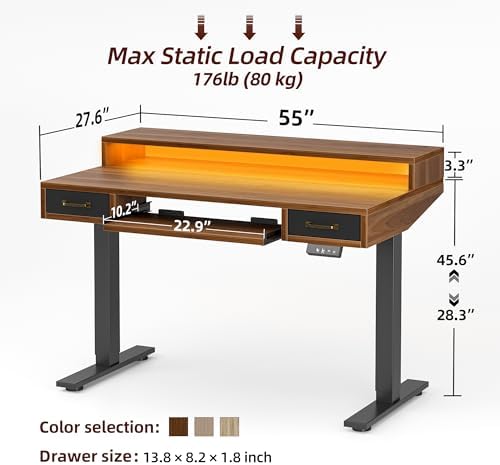 TIQLAB Standing Desk with Two Drawers, Stand Up Standing Desk Adjustable Height, Electric Sit Stand Table with Storage Shelf and Splice Board, with LED Light, 55 * 28 inch, Black Walnut