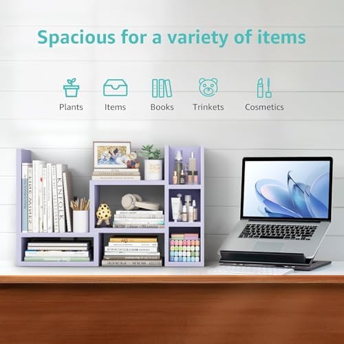 NUTIKAS Desk Shelves Desktop Organizer Shlef - Purple Office Organization for Top of Desk Organizers and Accessories Corner Bookshelf Table Top Shelving Small Hutch Decorations for Women Office