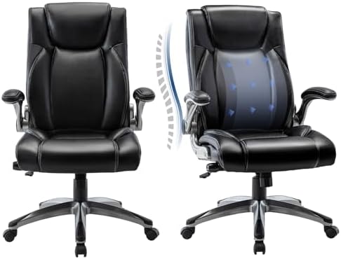COLAMY Executive Office Ergonomic Chair with Thick Bonded Leather, 300lbs Capacity Big and Tall High Back Desk Chair with Flip-up Armrests, Adjustable Height and Tilt for Working, Study, Gaming,2PC