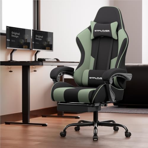 GTPLAYER Gaming Chair, Computer Chair with Footrest and Lumbar Support, Height Adjustable Game Chair with 360°-Swivel Seat and Headrest and for Office or Gaming (Green, Fabric)