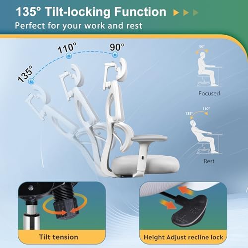 DEVAISE Office Chair Big and Tall Reclining Ergonomic Desk Chair for Long Hours, Comfy Breathable Mesh, Adjustable Armrests with Lumbar Support, White