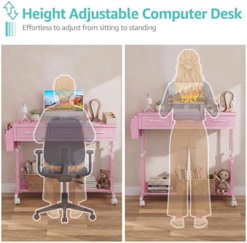 Pink Rolling Desk with Drawers, 40" Height Adjustable Girls Standing Desk