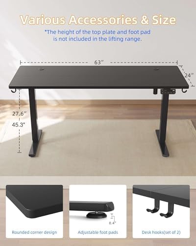 YIHAYO Electric Standing Desk, 63 x 24 Inches Stand Up Desk with Splice Board, Adjustable Height Desk, Computer Desk for Home Office, Black Frame/Black Top
