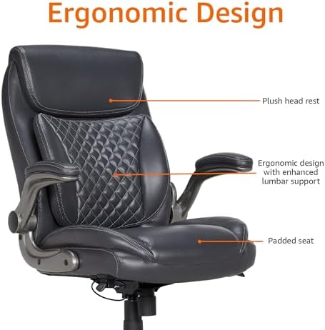 Amazon Basics Ergonomic Executive Office Chair with Adjustable Lumbar Support, Flip-up Arms, Height Adjustable, 360° Rolling Swivel, Computer Desk Chair, Grey Leather