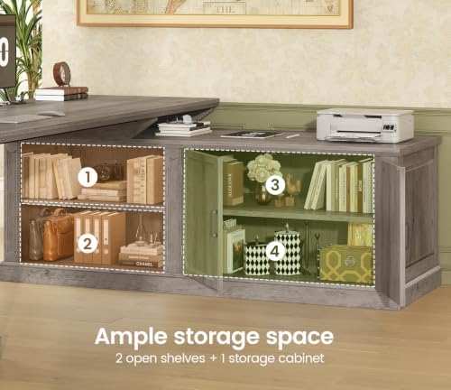 SEDETA Farmhouse L Shaped Desk with Drawers, 70.9" Home Office Desk with Storage Cabinet and Storage Shelves, L Shaped Computer Desk with Power Outlet，Gray