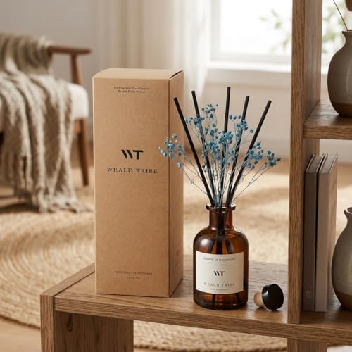 WEALD TRIBE Flower Reed Diffuser Set Cashmere Vanilla Scent for Bathroom Air Fresheners | 4.0 fl oz Essential Oils with Sticks Home Fragrance Defusers | House Bedroom Office Shelf Decor & Gift