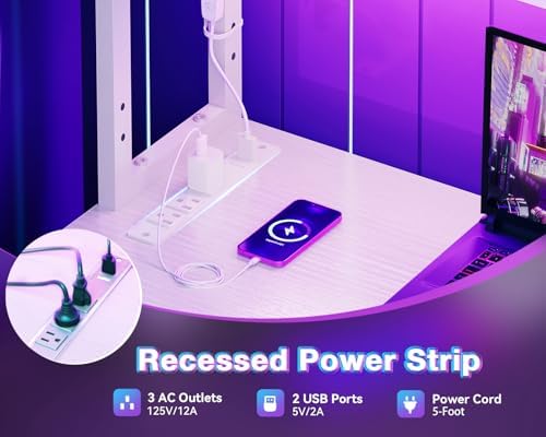 AODK L Shaped Desk Gaming Desk with LED Light & Power Outlet