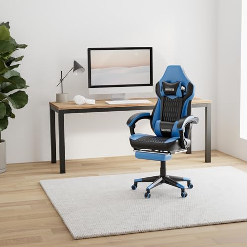 Gaming Chair with Footrest, Gaming Chairs PVC Leather Ergonomic Office Gamer Chair Headrest Lumbar Support Racing Style Video Gaming Chair for Office (Black Blue)