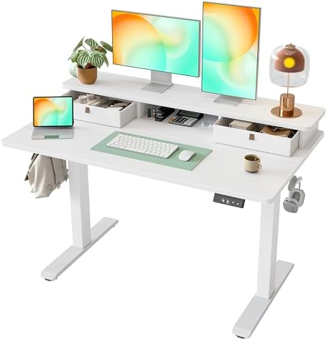 TIQLAB Standing Desk with Two Drawers, Stand Up Standing Desk Adjustable Height, Electric Sit Stand Table with Storage Shelf and Splice Board, 48 * 24 inch, White