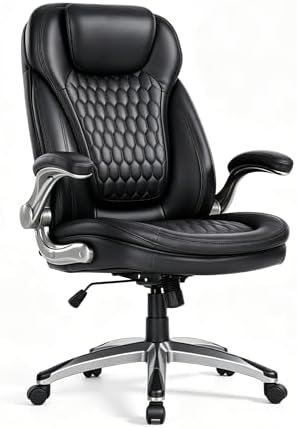 COLAMY High Back Executive Office Chair – Ergonomic PU Leather Desk Chair with Flip-Up Armrests,Height, Lumbar Support, Comfortable Computer Chair for Home Office – Black