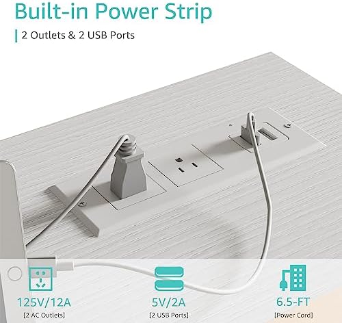 Lufeiya White Computer Desk with Power Outlet, 40 inch Simple Teen Study Table Home Office Work Writing Desks with Charging Station Outlets USB Port Built in, Storage Pocket，White