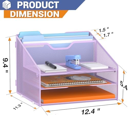 GAWERK Letter Tray Organizer, Mesh Desk File Organizer with 3 Paper Trays and 2 Vertical Upright Section (Purple)