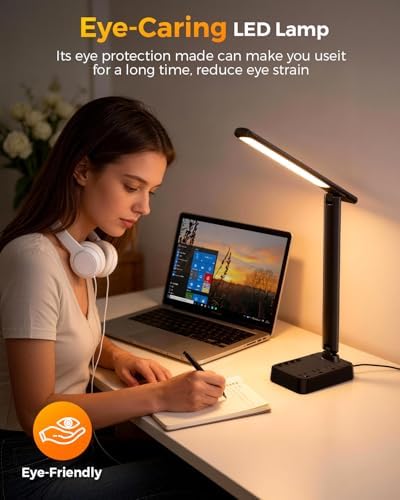 Airlonv LED Desk Lamp for Office Home, Power Strip with 3 Outlets 4 USB Charging Ports(2 USBC), 4 Modes 5 Level Brightness Desk Light, Small Desk Lamp for College Dorm Room Essentials