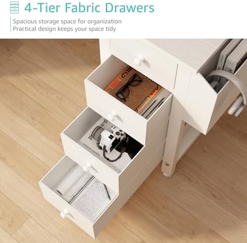 Lufeiya White L Shaped Computer Desk with Drawers & Storage Shelves, 47 Inch Corner Reversible Desk with Power Outlet for Home Office Bedroom, L-Shaped Teen PC Desks with Fabric Drawer, White