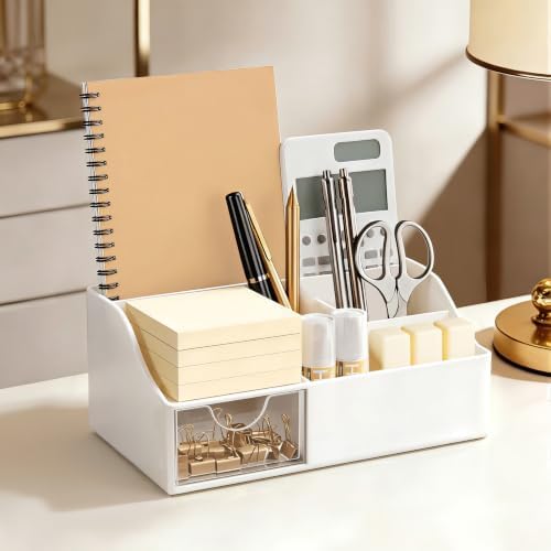 HBlife Acrylic Desk Organizer with Drawer, Pen & Pencil Holder, Multifunctional Desktop Caddy for Office Supply and Organization (White)