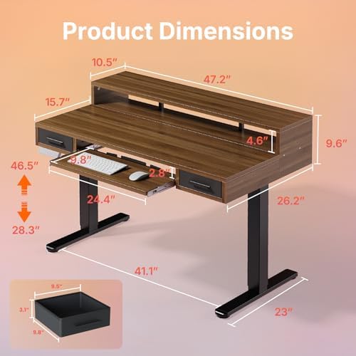 HUANUO 48″ x 26″ Electric Standing Desk with 2 Drawers &24.4″ Large Keyboard Tray, C-Clamp Mount Compatible, Adjustable Computer Desk for Office, Sit Stand Up Desk with 4 Height Presets, Deep Walnut