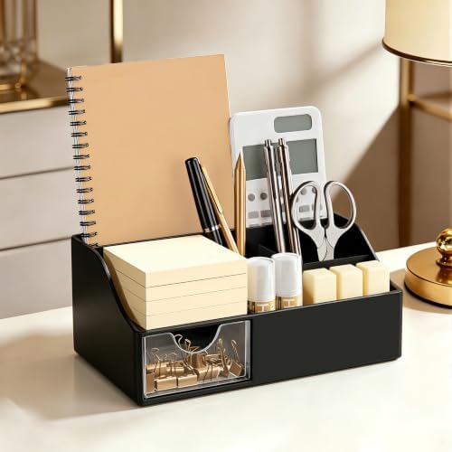 HBlife Acrylic Desk Organizer with Drawer, Pen & Pencil Holder, Multifunctional Desktop Caddy for Office Supply and Organization (Black, 2 Pack)