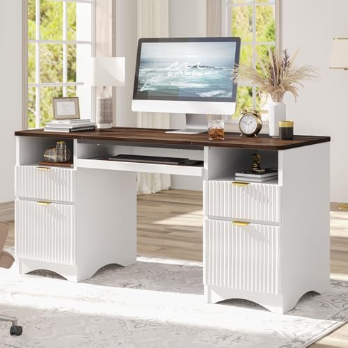 Bestier Computer Desk with Keyboard Tray, 59 inch Office Desk with 4 Drawers, Modern Home Office Desk with File Drawer (Walnut with White, 59" W with Double-Sided Drawers)