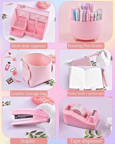 Pink Desk Accessories and Organizers with Desk Organizer and 360°Rotating Pen Holder stapler Pen and a Lot of Office Pink Office Supplies Beautifully Presented in a Gift Box