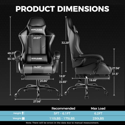 GTPLAYER Gaming Chair, Computer Chair with Footrest and Lumbar Support, Height Adjustable Game Chair with 360°-Swivel Seat and Headrest and for Office or Gaming (Faux Leather, Black)